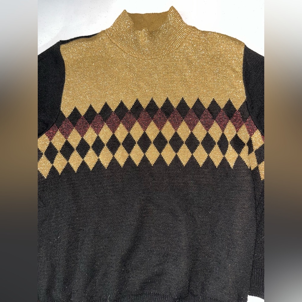 Vintage Alfred Dunner Metallic Diamond Geo Turtleneck Acrylic Petite Sweater
